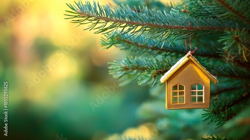 christmas tree house with a toy in a snow - tree on a blurred background. new year 's holiday concept, winter holidays, christmas. selective