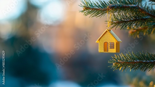 christmas tree house with a toy in a snow - tree on a blurred background. new year 's holiday concept, winter holidays, christmas. selective