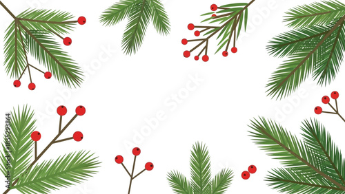 Vibrant green pine branches with red berries on white background