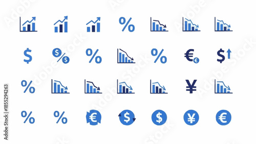 Financial graphs and charts display various statistics with currency symbols.