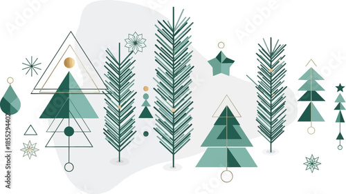 Modern minimalist Christmas trees and ornaments in green hues
