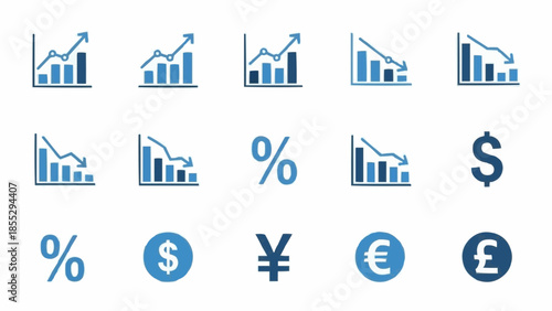 Financial graphs and charts display various market trends with currency symbols