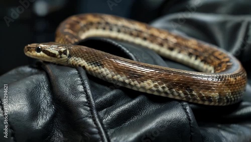 Detailed 4K stock video offering close up view of snake as it smoothly sli rs and crawls into sleeve of jacket set against background of black lea r