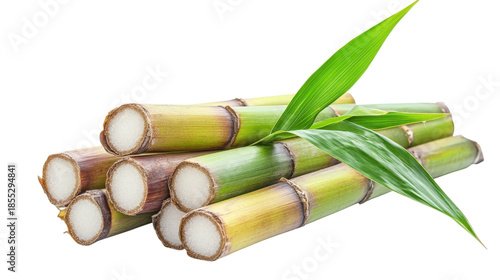 Organic sugarcane pieces with leaves for natural juice