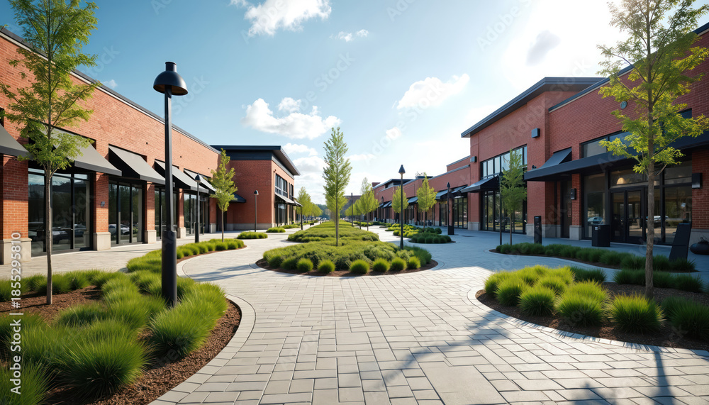 Fototapeta premium Empty brick retail buildings line a modern outdoor plaza with manicured green landscaping. Paved walkways curve between shops under a clear blue sky. Sunny day offers a pleasant shopping environment.