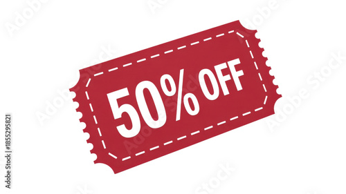 Red discount coupon. 50 percent off sale ticket. Promotion and offer. Shopping savings.