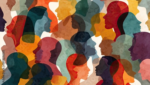 Colorful illustration of overlapping human silhouettes in various skin tone hues