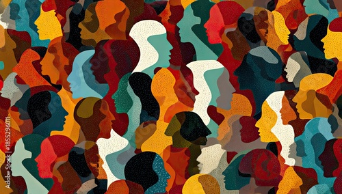An artistic depiction of diverse human profiles with varied skin tones & colorful backgrounds