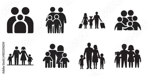 Various black silhouette family icons representing different group compositions and activities