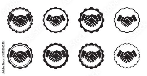 A set of eight handshake icons symbolizing business partnership and agreement