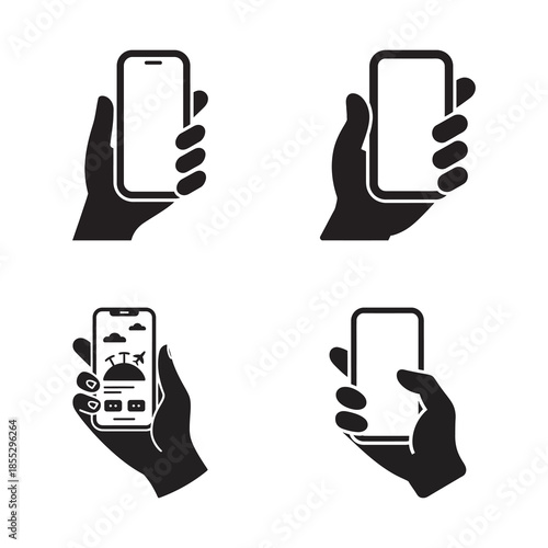 Set of icons illustrating a hand holding a mobile phone with different screens including a travel app