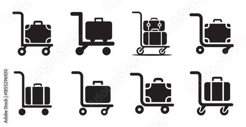A set of eight black and white silhouette icons showing luggage carts with suitcases for travel