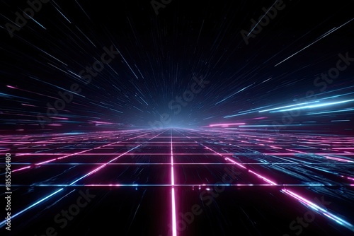 A digital rendering showcasing a grid of neon lines converging towards a bright horizon