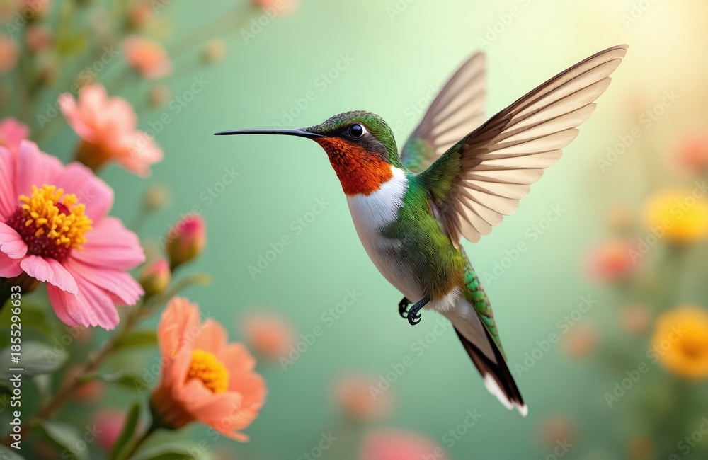 Naklejka premium Tiny hummingbird hovers near pink and orange flowers in soft light. Small bird with emerald green body and red throat drinks nectar from blooms. Nature background with bokeh effect.