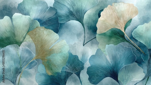 Watercolor leaves of ginkgo biloba, overlapping on a soft blue and white background