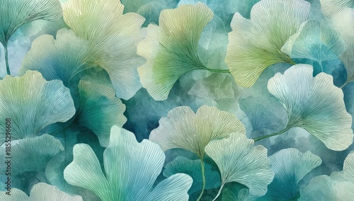 Watercolor illustration of ginkgo leaves in shades of green, blue, and teal, creating a serene pattern