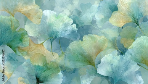 Watercolor depiction of ginkgo leaves in soft hues of teal, yellow, and green, dreamy composition