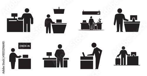 Check in counter silhouette icon set for travel and customer service needs