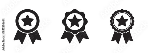 Three black reward badge icons with star and ribbons on white background