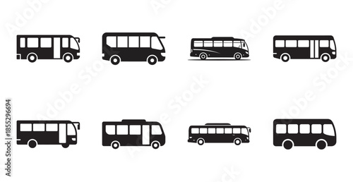 Eight black silhouette icons representing different types of buses for transportation concepts.
