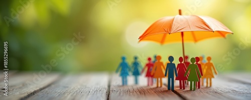 Colorful paper people figures stand together under an open orange umbrella. Symbolizing group protection security for team members. Life and health benefit concept.