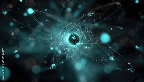 A luminescent, stylized depiction of atomic structure, with orbiting spheres and a central nucleus