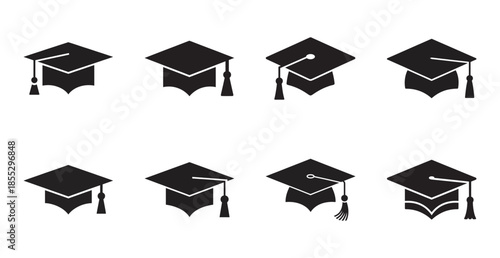 Black and white set of graduation caps icons for academic achievement and education celebration