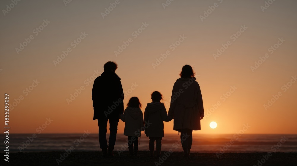 Obraz premium Family of four walking on a beach at sunset. the sky is a beautiful orange and pink color, with the sun setting in the background. the family consists of a father, mother, and two young children.