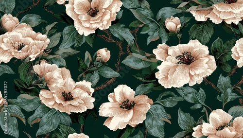 Lush floral pattern with large beige blooms, green leaves, and dark teal background