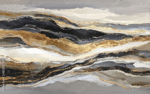 Abstract horizontal painting with flowing layers of neutral colors and gold leaf accents