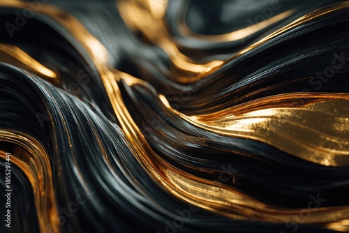 Abstract swirling pattern of dark charcoal and metallic gold, flowing fluidly