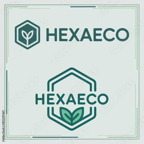 Hexaeco hexagon leaf logos, minimal green sustainability identity set, clean eco vector marks for packaging, products, startups and environmentally friendly brands