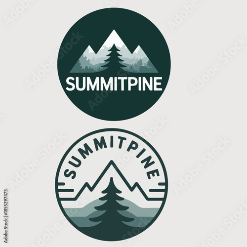 Summitpine mountain pine circle badges, outdoor adventure club crest logos with peaks and evergreens, vintage travel branding vector for parks, camps and hiking