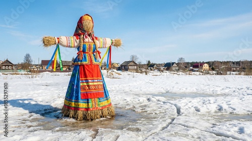 A woman dressed in a traditional costume stands in the snow. The scene is peaceful and serene, with the woman's pose and the surrounding landscape creating a sense of calm and tranquility. The concept