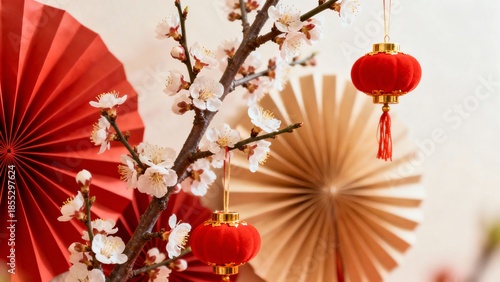 A branch with white cherry blossoms with red lanterns hanging from it is a concept of the New Year in Japan
