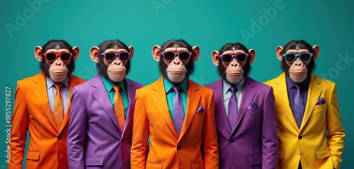 Five apes wear colorful suits and sunglasses. Monkeys pose as a stylish business team. They look professional and ready for corporate fun. Characters show collaboration.