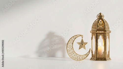 A gold lantern with a star and a crescent moon on a white background. The lantern is lit and casts a shadow on the wall