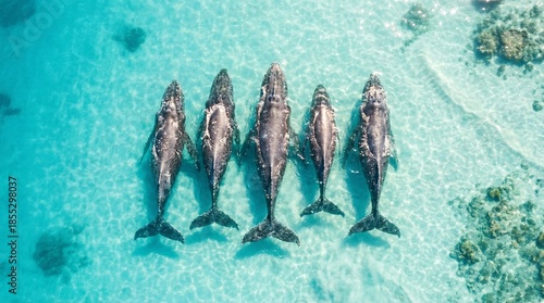 A group of five whales are swimming in the ocean. The water is blue and the sky is clear