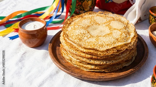 A plate of pancakes sits on a table with a bowl of yogurt and a bowl of fruit. The pancakes are piled high, and the table is covered in a white cloth. Scene is inviting and cozy
