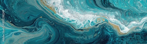 Swirling ocean-like abstract art piece with teal, white, and gold hues. Fluid lines