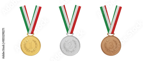 set of three medals - gold, silver, and bronze - hanging on ribbons in Italian flag colors, celebrating the Winter Olympics in Italy. Isolated on transparent background.