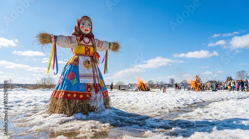 A woman dressed in a costume made of straw is standing in the snow. The scene is set in a field with a group of people gathered around a fire. The atmosphere is festive and lively