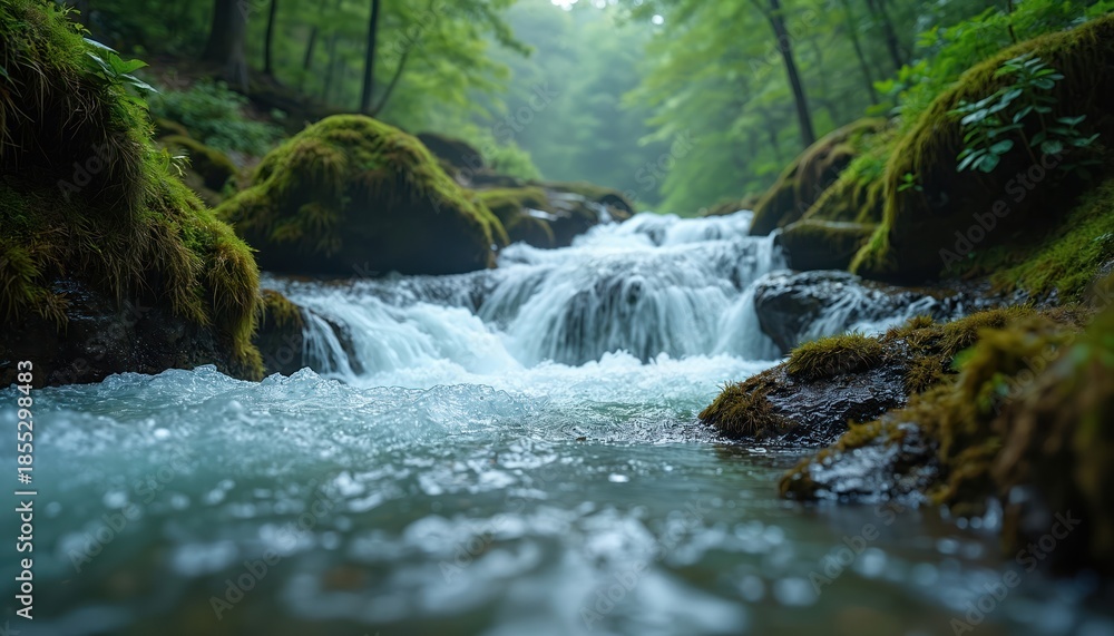 Fototapeta premium Forest stream flows over moss covered rocks. Clear water cascades down small waterfalls creating peaceful natural scene. Rich green trees form canopy overhead, shading serene woodland environment.