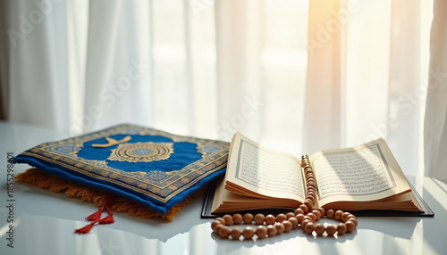 A blue and gold book with a blue cover sits on a table next to a small wooden bead necklace