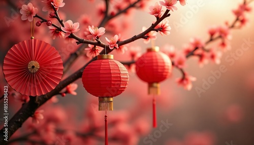 A tree with red lanterns hanging from its branches. The lanterns are red and gold, and they are suspended from the tree in a way that creates a sense of movement and lightness