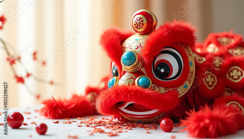 A red dragon with gold accents and blue beads on its face lays on a table. The dragon is surrounded by red and gold decorations, giving the image a festive and celebratory mood