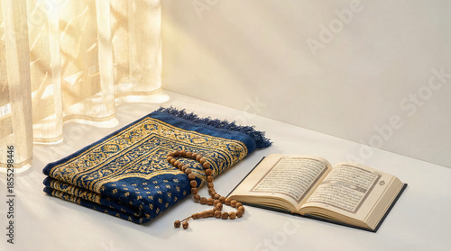 A blue rug with a gold border lies on the table next to a book and a small wooden rosary.