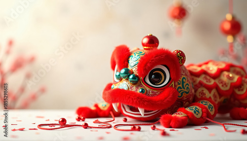 A red dragon is laying on a table with red and green decorations. The dragon has a mouth open and is surrounded by beads. The scene has a festive and celebratory mood