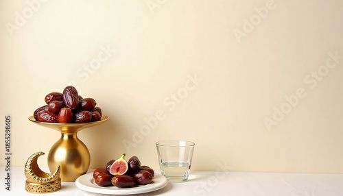A plate of figs and a glass of water sit on a table. The figs are arranged in a bowl and the glass is filled with water. The scene is simple and uncluttered, with a focus on the fruit and the glass