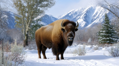 A large brown buffalo stands in the snow in front of a mountain range. The scene is serene and peaceful, with the buffalo being the main focus of the image
